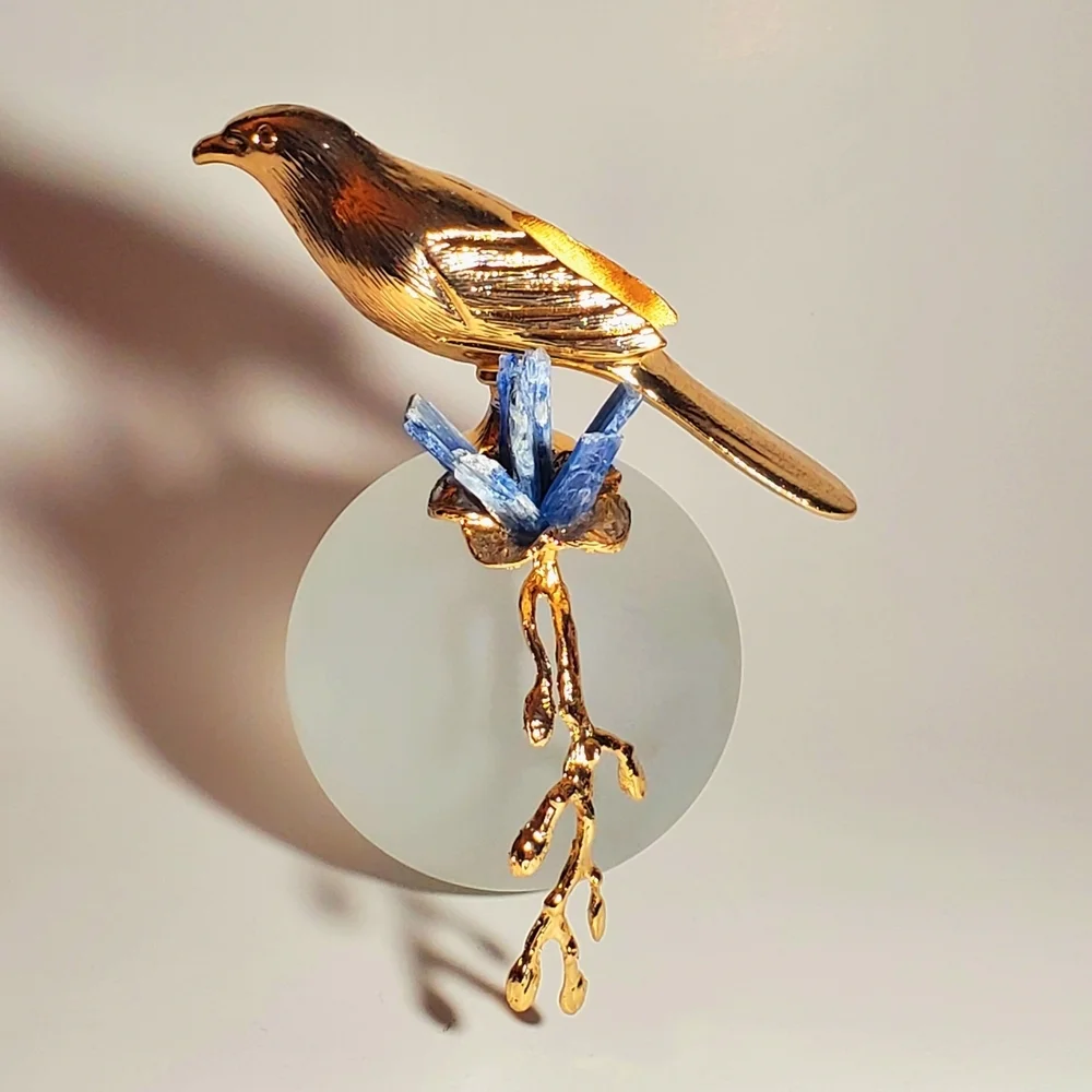 Modern Minimalist Art Glass Sculpture with Gold Tone Bird  & Quartz Gemstones